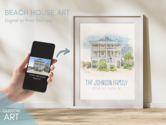 Custom Beach House Art - Photo to Watercolor Print or Digital, Canvas or Fine Art Print - Awesome Family Gift or Vacation Rental